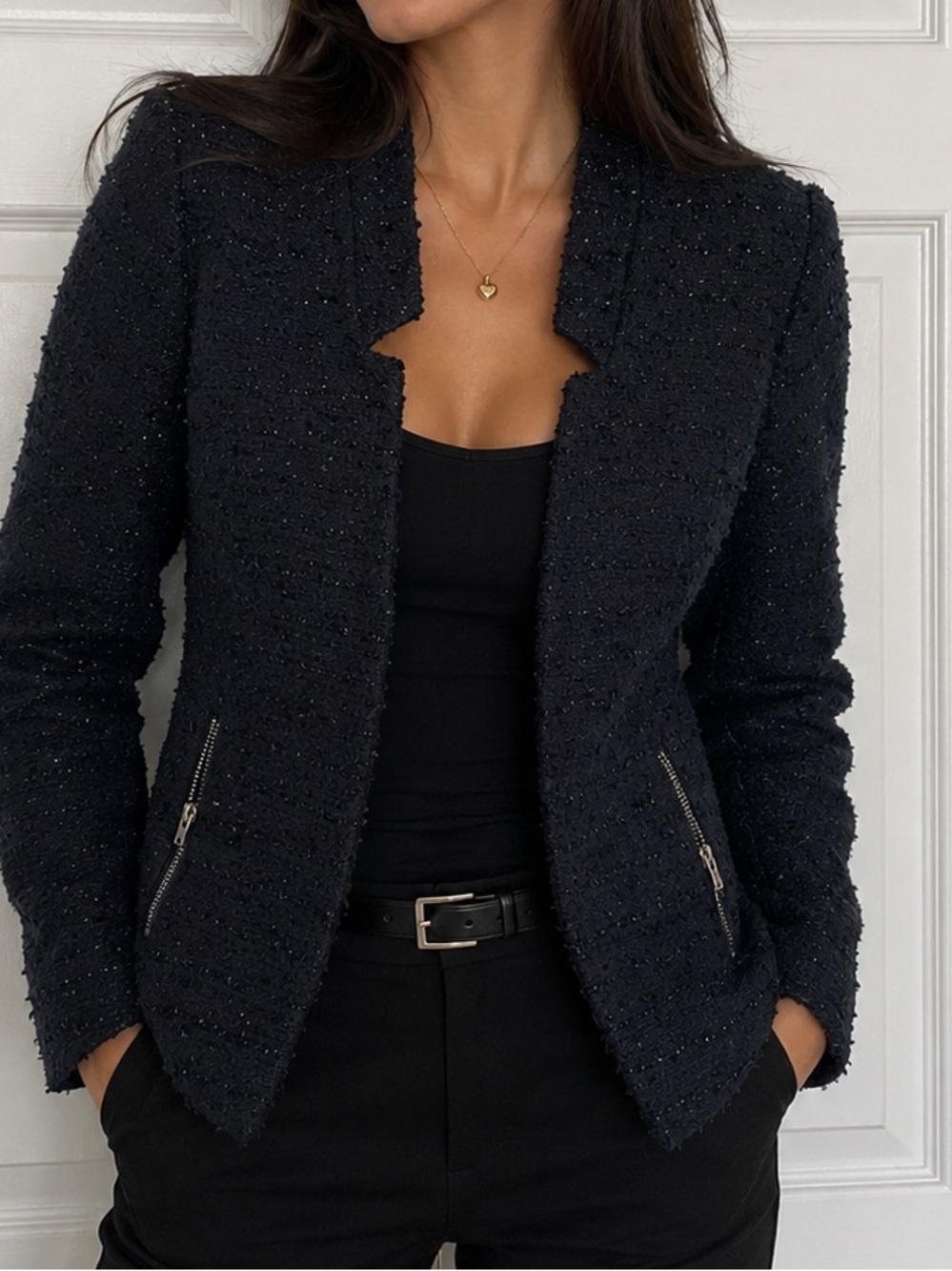 Laura petites Black Bouclé Zip-Pocket Blazer